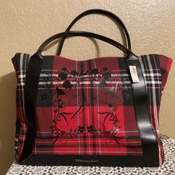 NWT Victoria's Secret Red Black Fabric Tartan Plaid Tote/Overnight/Weekender Bag