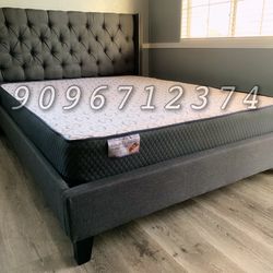 Queen Gray Wingback Button Tufted Bed w. orthopedic Mattress included