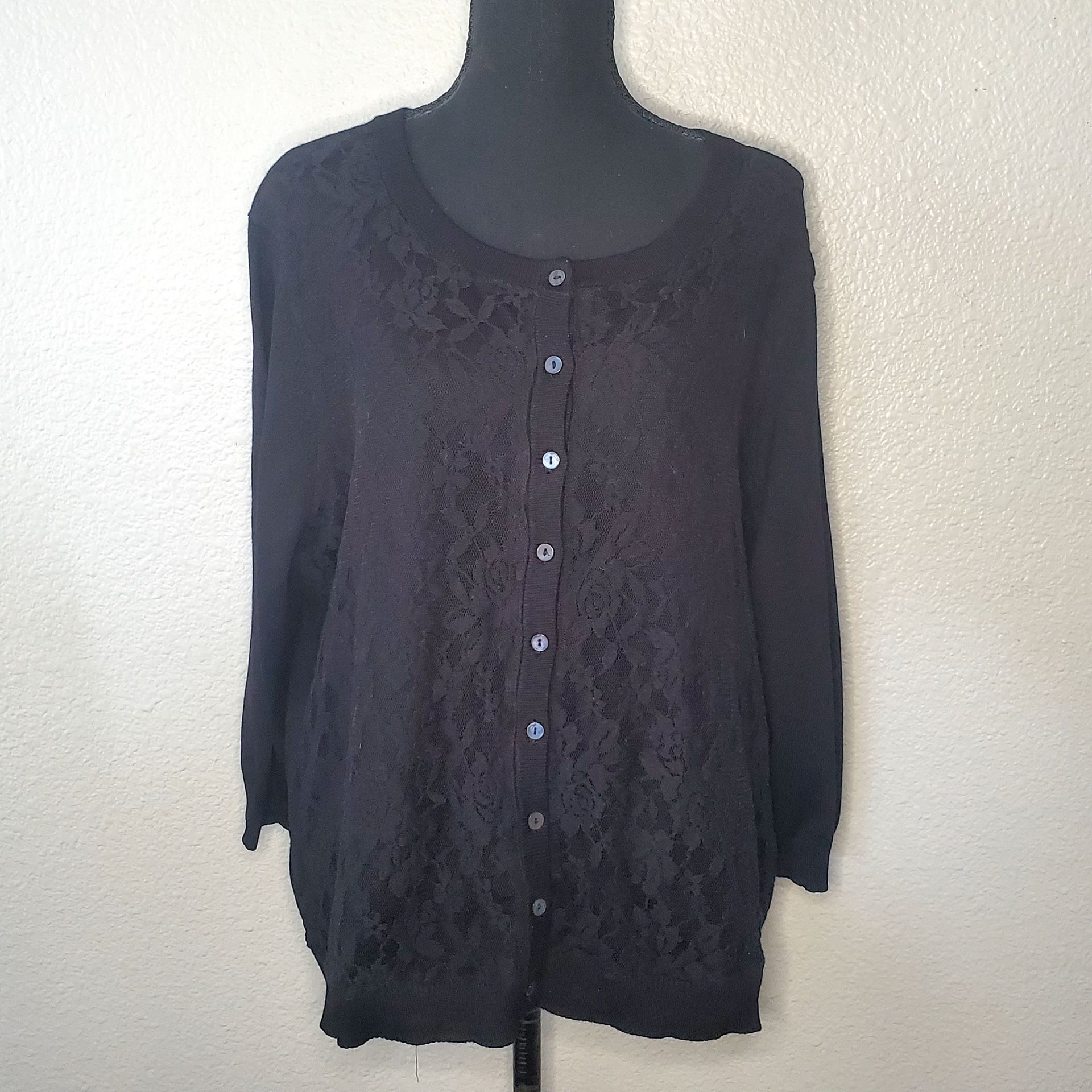 Christopher And Banks Women's Black Button Up Front Lace LongSleeve Size:X- Large