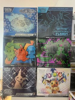 Pokemon Elite Trainer Box Paldean Fates Stellar Crown Shrouded Fable Paldea Evolved Phantasmal Flames Prismatic Evolutions Twilight Masquerade Surging