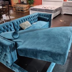 New Sectional Sofa In Diamond Tufted Teal Velvet