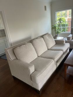 Modern Beige 3-Seater Sofa with Nailhead Trim – Neutral Fabric Couch