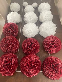 17  tissue POMPOMS, burgundy and white, New,perfect decor