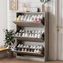 New Slim Shoe Rack with 3 Fold-Down Drawers, Freestanding Wooden Shoe Storage Cabinet for Entryway and Hallway, Modern Narrow Shoe Organizer, Oak Gray