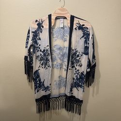 Women’s L/XL Chico’s Travelers Beige Navy Blue Floral Sheer Kimono Open Cardigan
