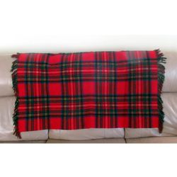 VTG Lord and Taylor Christmas Plaid Reversible Fringed Wool Rug Blanket 56 x 64