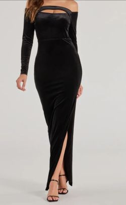 Black velvet long sleeve off the shoulder formal dress