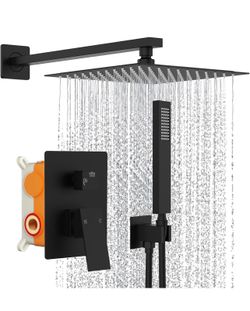 Rainfall Shower Faucets Set Matte Black, 10 Inch Wall Mounted Rain Shower Head with Handheld Spray Shower Valve and Trim Included$95