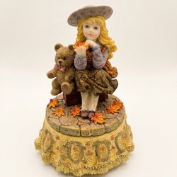 Vintage Autumn Girl & Teddy Bear Rotating Music Box