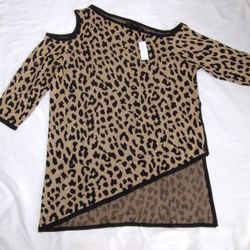Extra Large NY&C Slouchy Asymmetrical Cold-Shoulder Tunic Sweater - Leopard