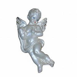 Vintage 5" Chalkware Cherub Wall Plaque - Hand-Painted Angel with Gold Accents