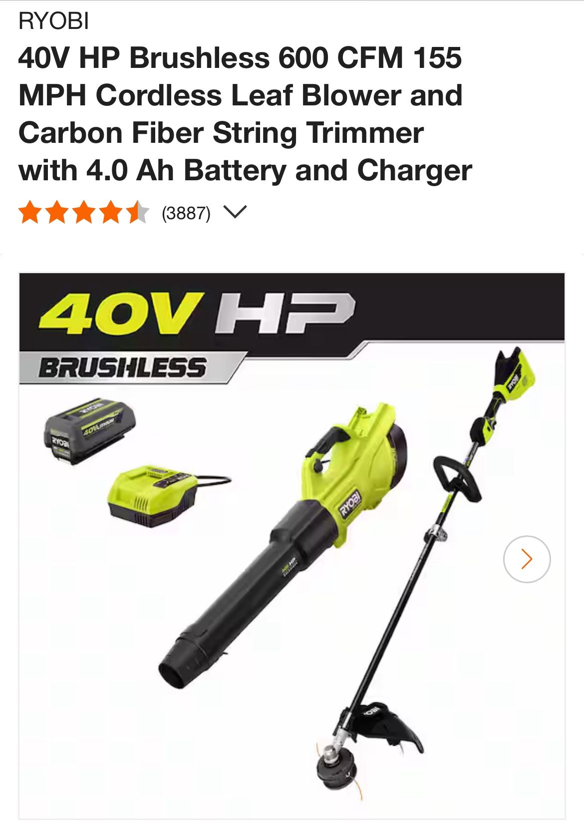 RYOBI 40V HP Brushless 600 CFM 155 MPH Cordless Leaf Blower and Carbon Fiber String Trimmer with 4.0 Ah Battery and Charger