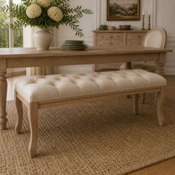 43" Beige Upholstered Tufted French Dining Bench / Bedroom Ottoman [NEW] **Assembly Req