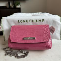 NWT Longchamp Roseau Leather Croc Embossed Chain Crossbody Bag Fuchsia Pink