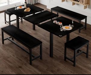 5-Piece Dining Table Set for 4-8 People, 63" Large Extendable Kitchen Table Set with 2 Benches and 2 Square Stools, Dining Room Table with MDF Wood Bo
