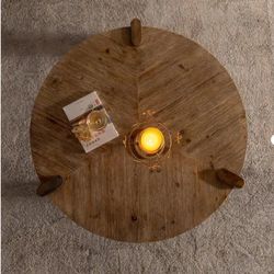 36.61 in. Natural Round Solid Wood Coffee Table, Rustic Natural Coffee Table for Living Room