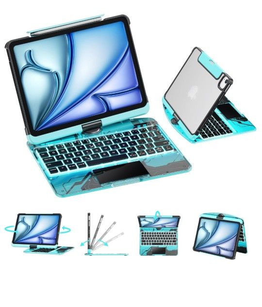 GUSGU for iPad Air 11 Inch (M3/M2,2025/2024) Transperant Case with Wireless Keyboard, 7 Color Backlight, Trackpad, 360°Rotating Stand for 10.9" iPad A