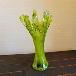 Vintage Handblown 7 Finger Pinched Green Swirl Mini Swung Vase 5"