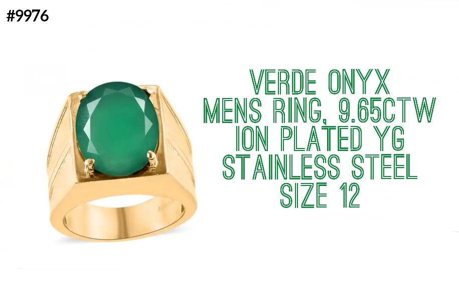 Mens Green Onyx Statements Ring, ION Plated YG, Sz.12