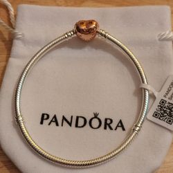 Pandora Authentic Brand New Sterling Silver 2 Tone Bracelet With Half Rose Gold Charm CZ & Half Rose Gold Heart Bracelet With Pouch 