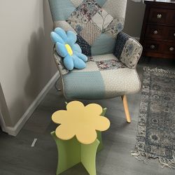 Patchwork Chair. Flower Pillow Flower Table