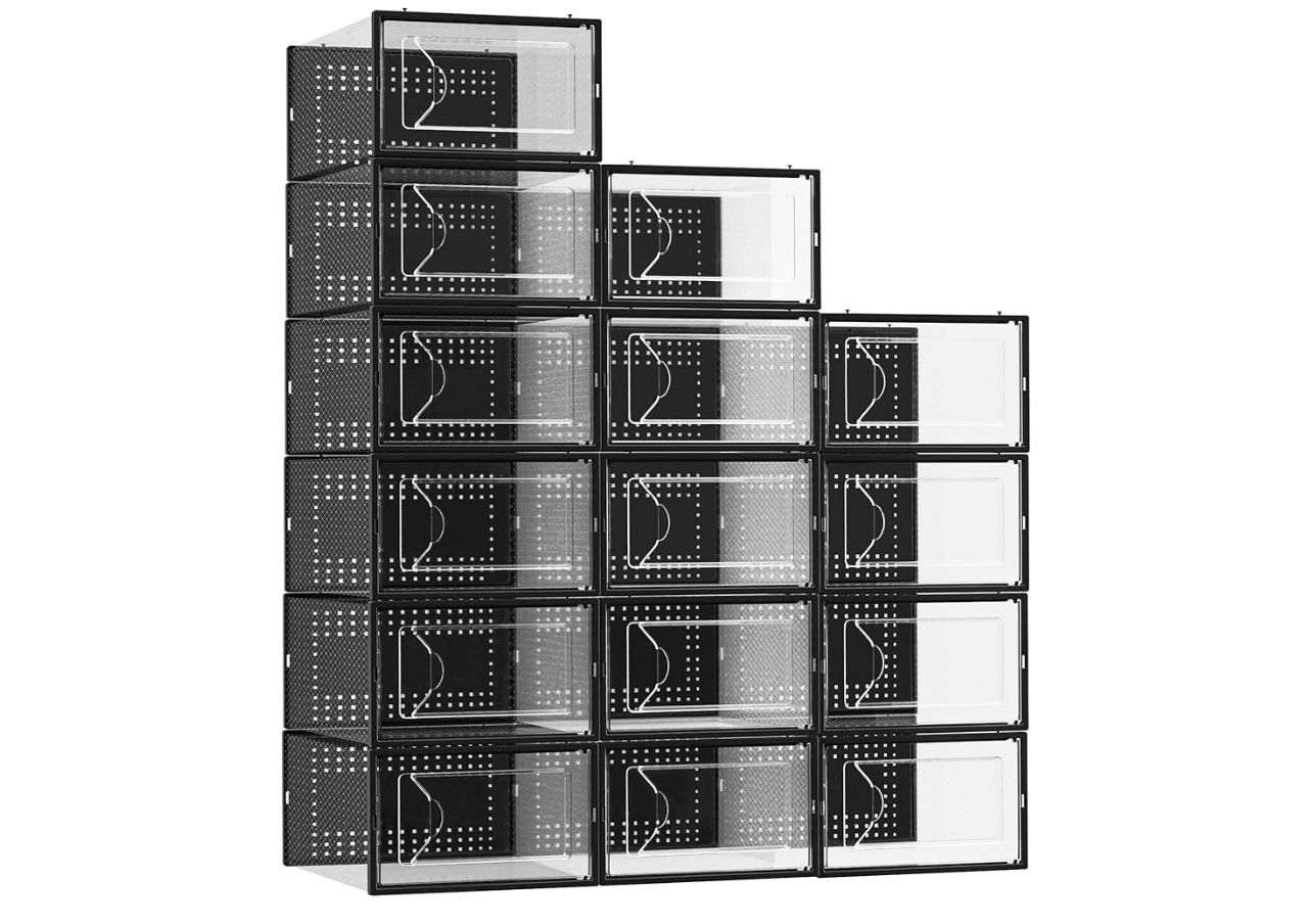 Shoe Storage Box, 15 Pack Clear Plastic Stackable Shoe Organizer for Closet, Interlocking Design for Sneakers, Foldable Shoes Container Rack with Lids