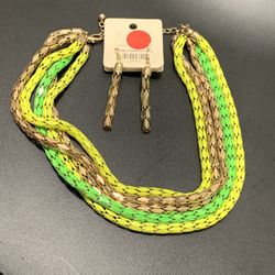 Fashion Jewelry Necklace And Earrings Set/ Green Neon And Gold/