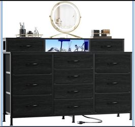 55" W Dresser for Bedroom with LED Lights and Power Outlets, Black Large 12 Storage Drawers Long Fabr