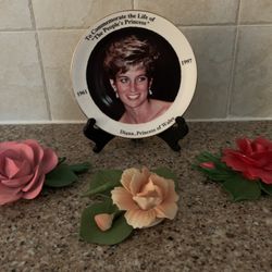 4 Piece Vintage Set- Princess Diana Plate And 3 Nuova Capodimonte Flower Porcelain Figurines