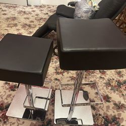 2 Black Leather Bar Adjusting Bar Stool