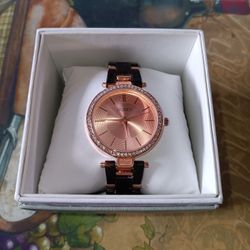 NEW Ladies Watch Pink Copper Face w. Faux Diamond Bezel Tortoise Band