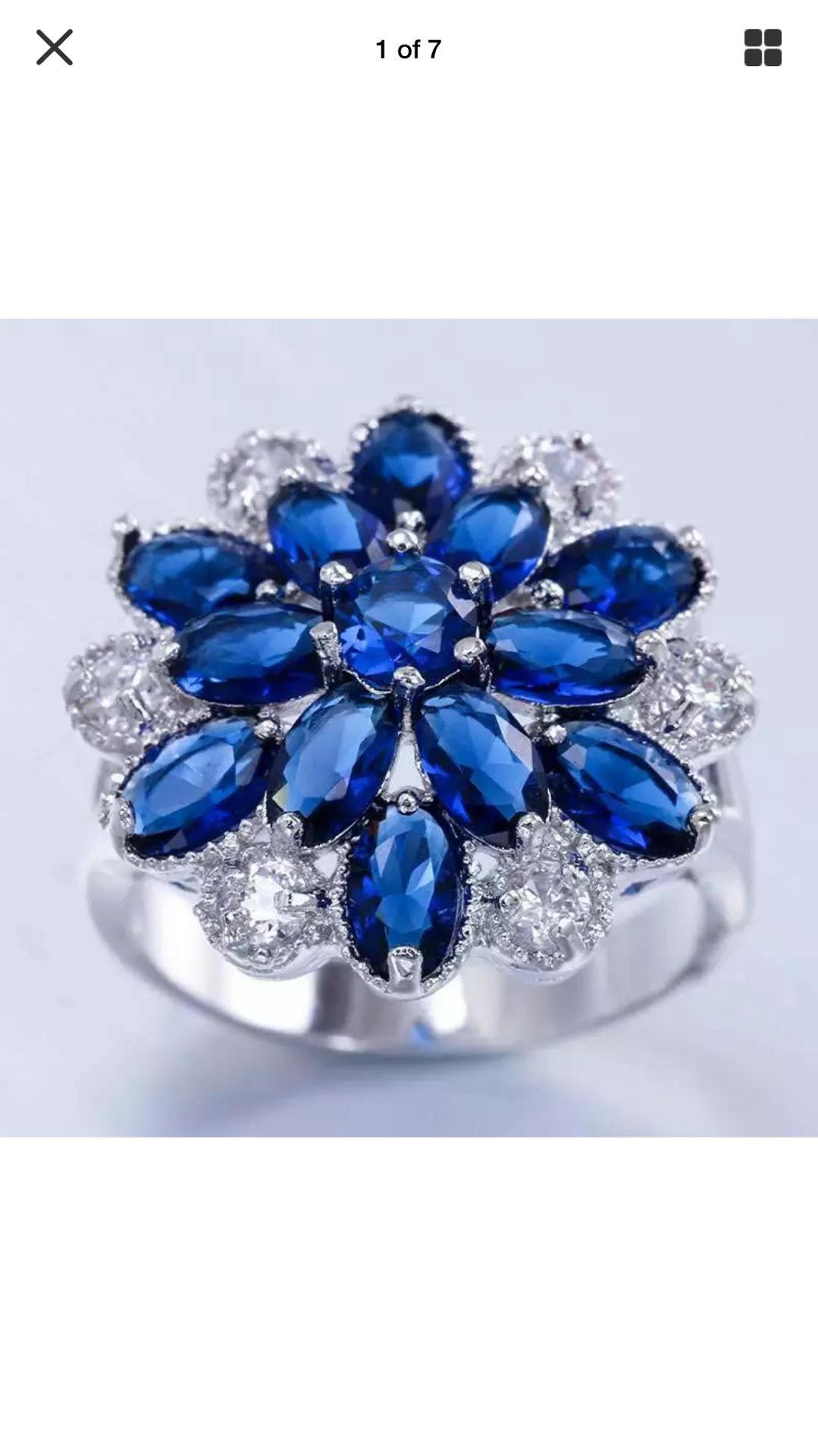 Blue & white teardrop sapphires flower cluster ring gorgeous !! On silver plated band sz7