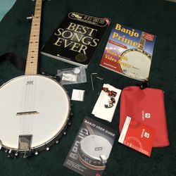 Banjo, Case, Books, and Accessories