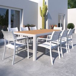 *BRAND NEW* 9 Piece Rectangular 100% FSC Certified Table Outdoor Furniture With White Chairs Dining Set