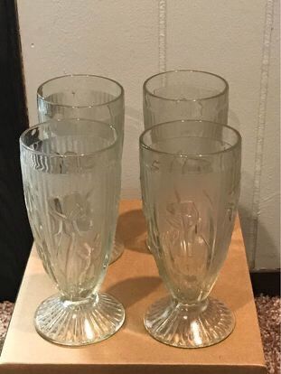 Set of Four-Iris Ware Depression Glass Footed Tumblers by Jeannette
