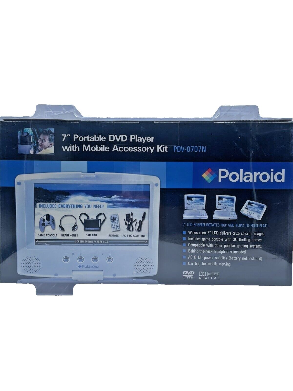 Polaroid 7" Portable DVD Player PDV-0707N With Mobile Accessory Kit New Sealed