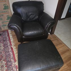 Dark LEATHER Chair  With Ottoman