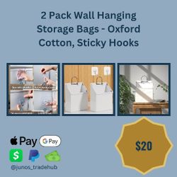 2 Pack Wall Hanging Storage Bags - Oxford Cotton, Sticky Hooks