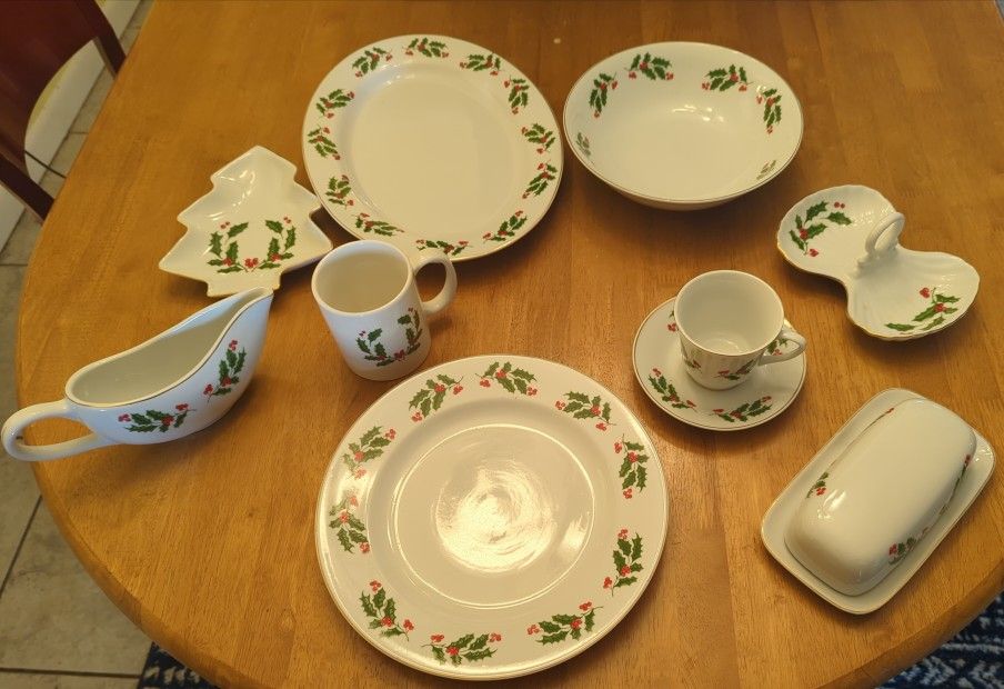 Christmas dinnerware servicer for twelve + platters and bowls