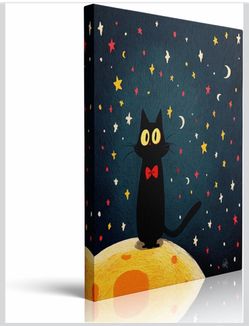 Black Cat Moon Canvas Wall Art, Framed 16x24– Cat Lover Decor