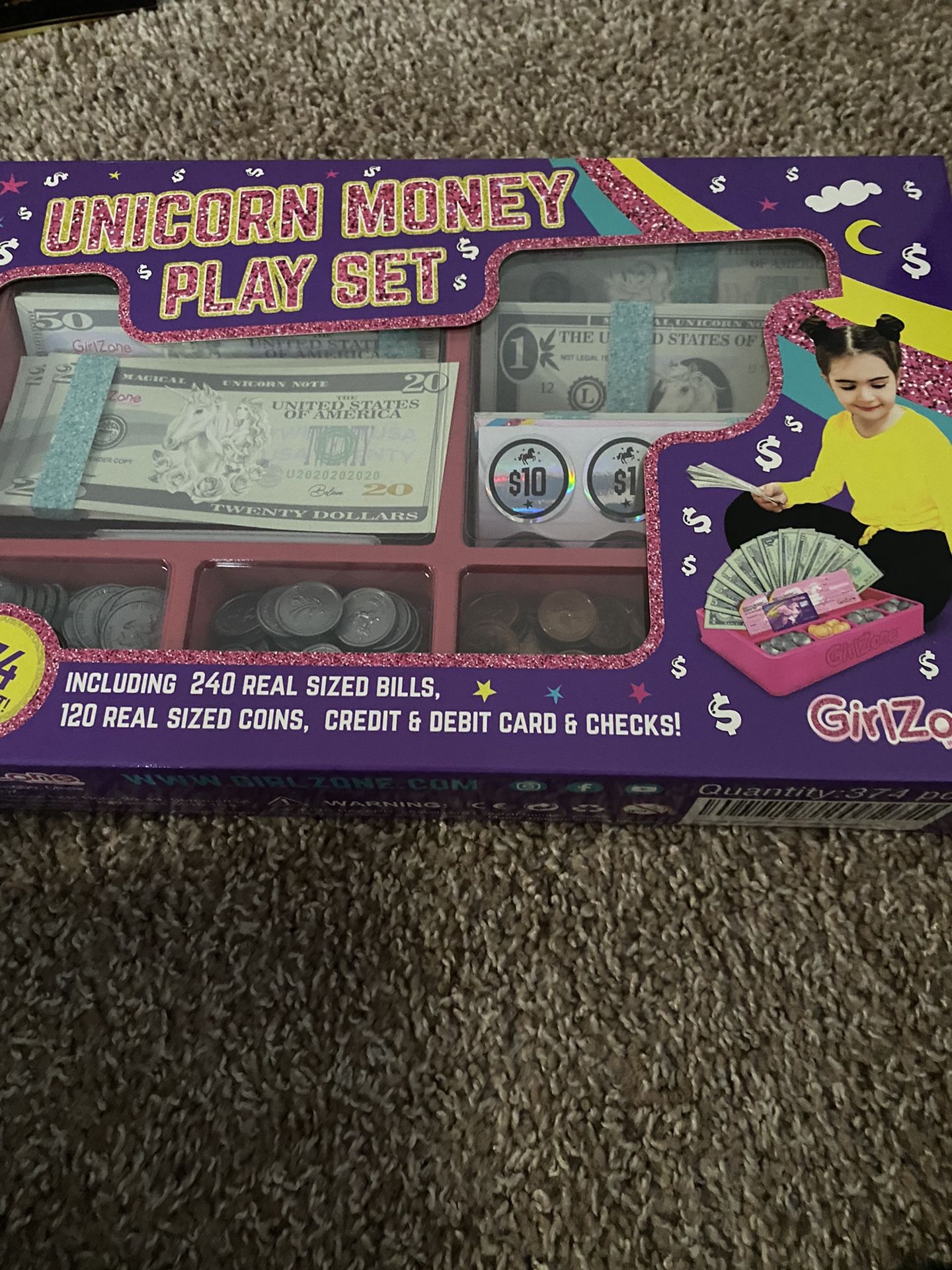 GirlZone Unicorn Money Play Set for Kids – Realistic Dollar Bills, Coins, Credit & Debit Cards & Checkbook.