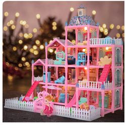 Huge Doll House - 285 PCS Girl Toys Large-Scale Dollhouse 12 Rooms Playhouse with LED Lights Furniture and Accessories, Big Doll House for Princess Ag