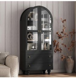 70"Tall Arched Kitchen Pantry,Storage Cabinet with Glass Doors and Adjustable Shelves,Freestanding Kitchen Hutch Cabinet for Dining Room,Living Room,R