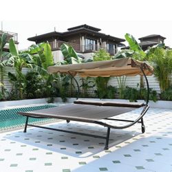 Double Chaise Lounge Bed with Adjustable Canopy and Pillow and Wheels
