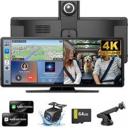 10.26" Portable Apple Carplay and Android auto，4K Dash Cam with Rotatable Lens, 1080P Backup Camera, GPS Navigation, Mirror Link, Siri & Voice Control