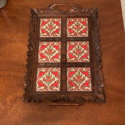Carved Wood & Tile Tray