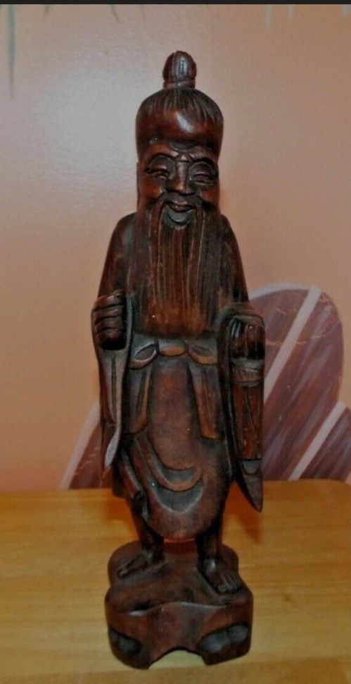 12" Oriental Elder Man Hand Carved Wooden Sculpture 