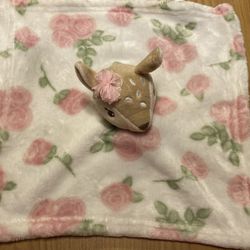 HB Hudson Baby FAWN Deer SECURITY BLANKET White Pink Roses Soft Plush LOVEY EUC