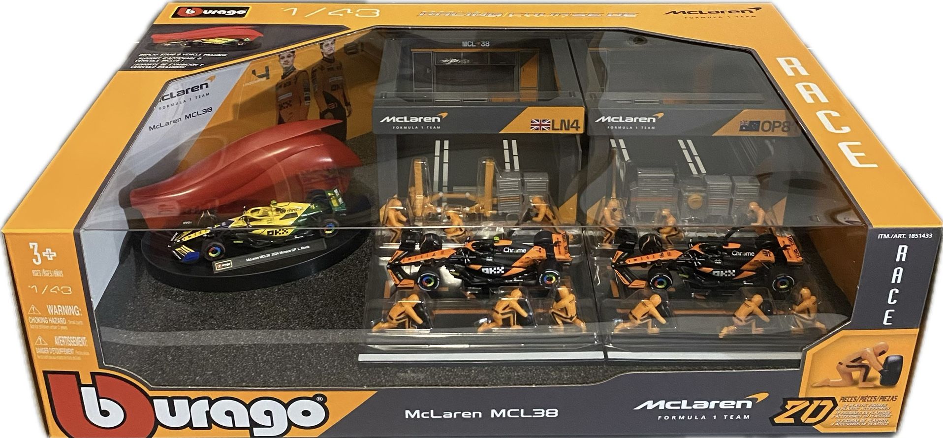 Burago MCLAREN 1:43 Formula 1 Pit Lane Set - Garages Pit Crew 3x F1 Cars MCL38