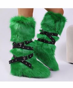 Green/Black Faux Fur Mid-Calf Boots Round Toe Buckle Studded